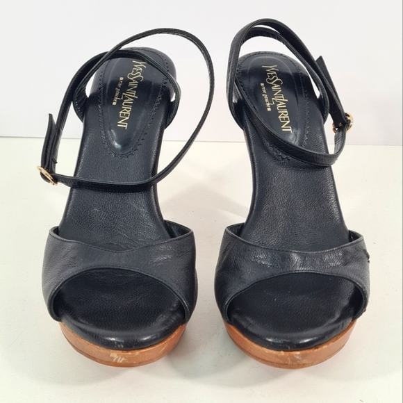YSL Rive Gauche Black Leather Strappy Sandal Heels Size 37 - Picture 2 of 12